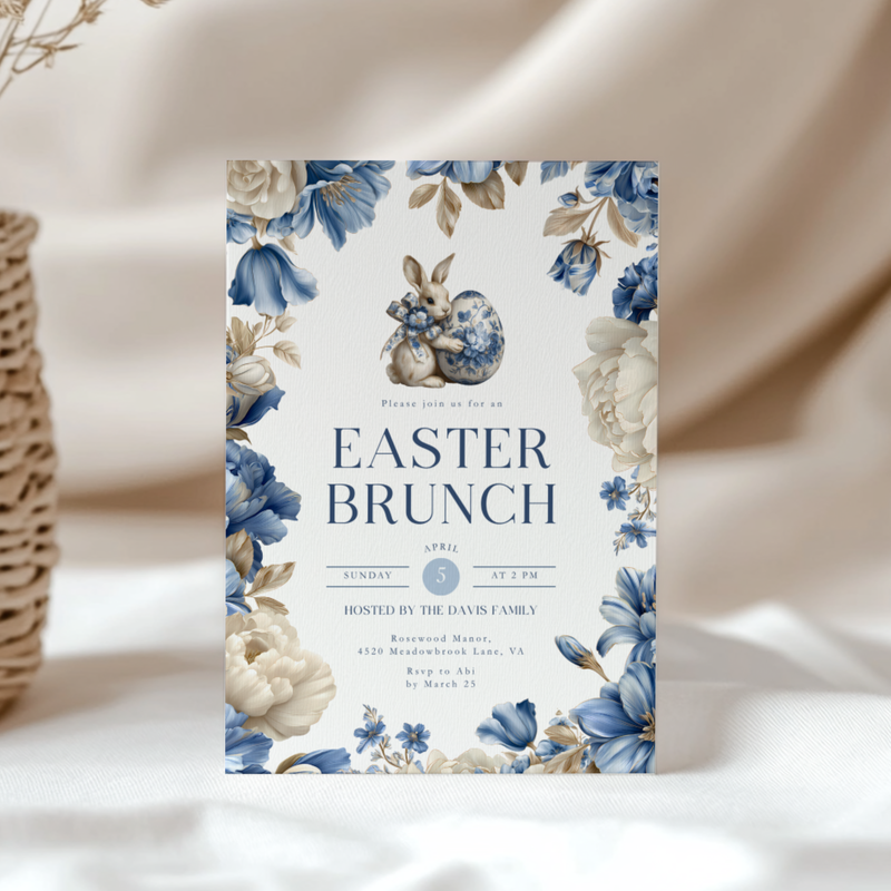 Elegant Blue Toile Easter Brunch Invitation L103
