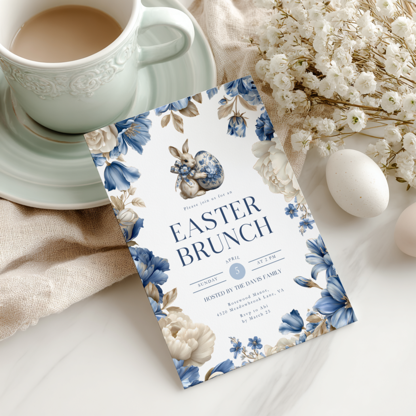 Elegant Blue Toile Easter Brunch Invitation L103