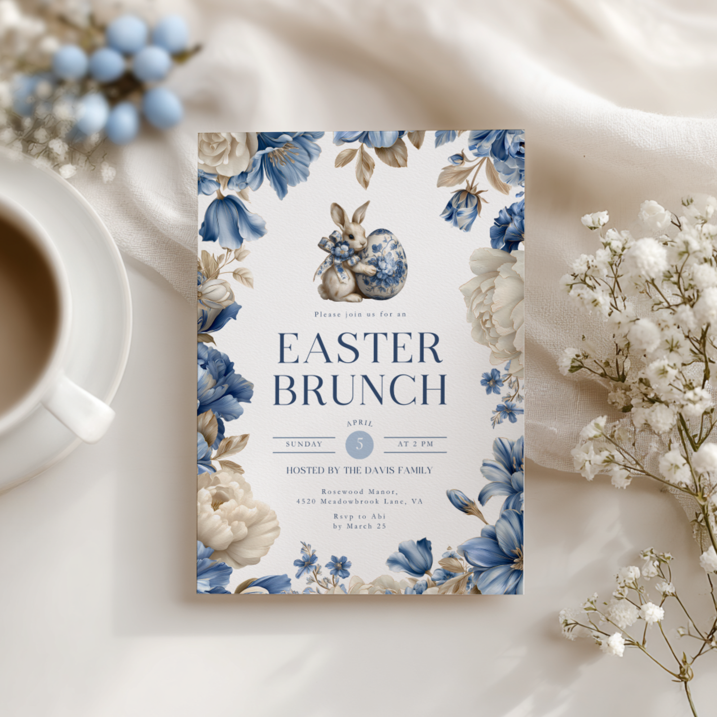 Elegant Blue Toile Easter Brunch Invitation L103