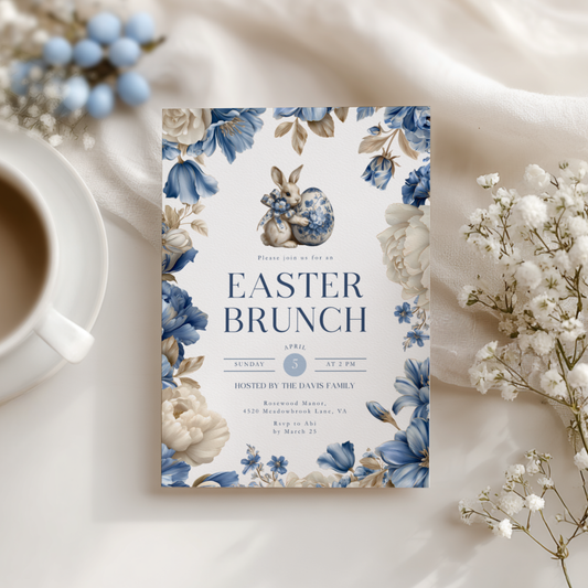 Elegant Blue Toile Easter Brunch Invitation L103