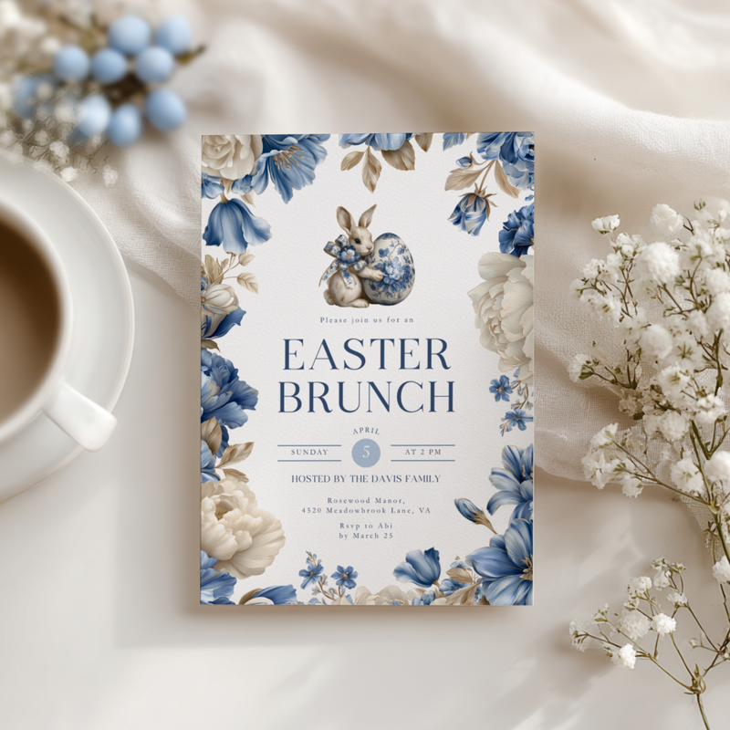 Elegant Blue Toile Easter Brunch Invitation L103