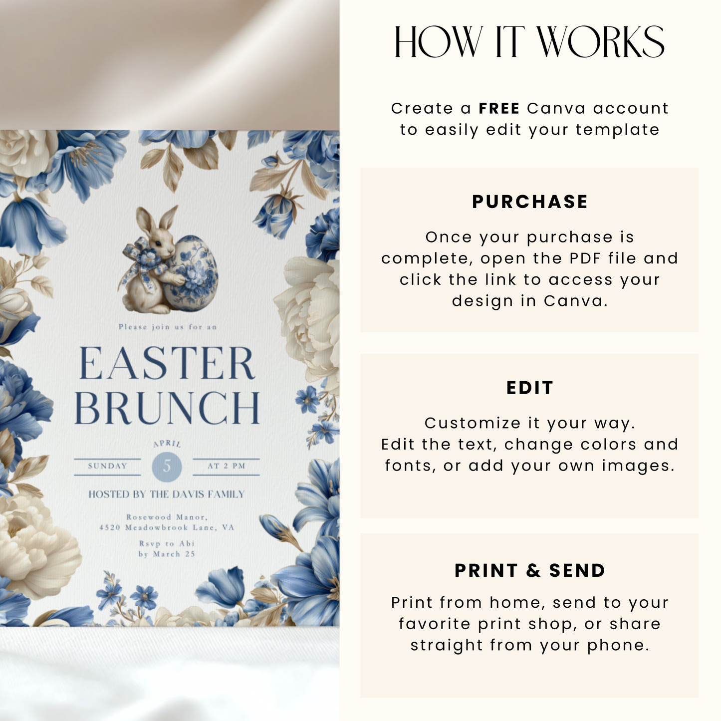 Elegant Blue Toile Easter Brunch Invitation L103
