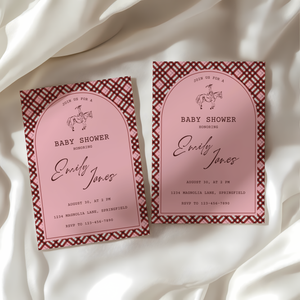 Baby Shower Invitation - Equestrian Preppy Pink Plaid BS128