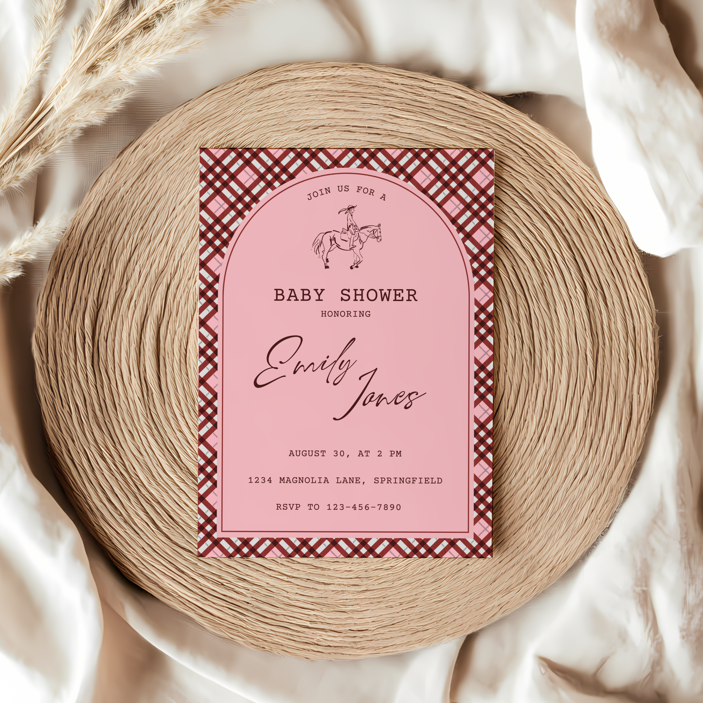Baby Shower Invitation - Equestrian Preppy Pink Plaid BS128