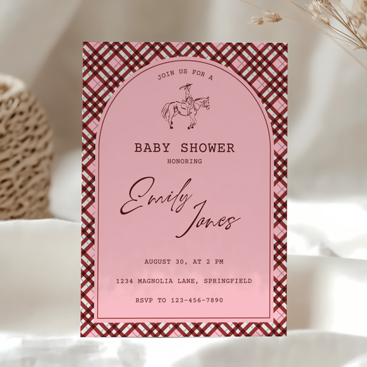 Baby Shower Invitation - Equestrian Preppy Pink Plaid BS128