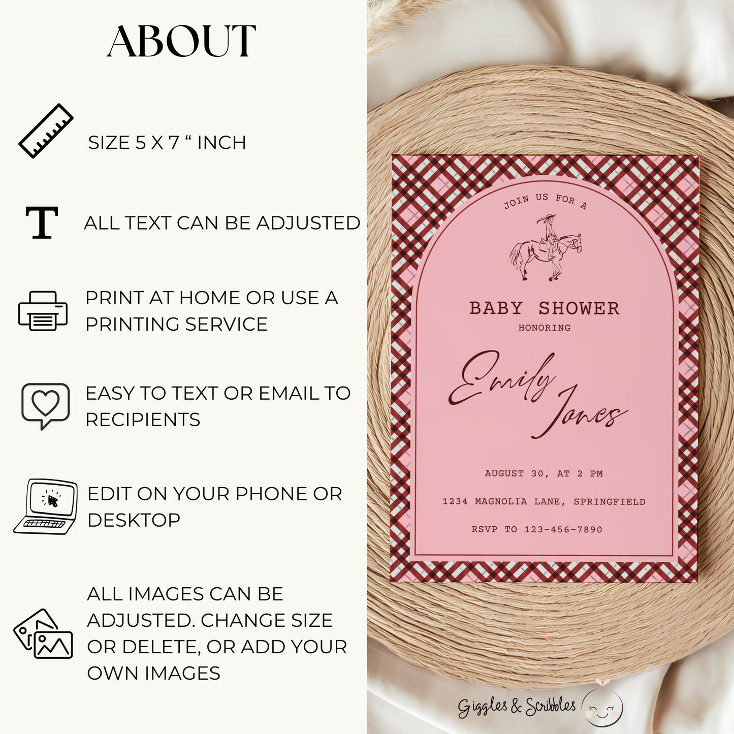 Baby Shower Invitation - Equestrian Preppy Pink Plaid BS128