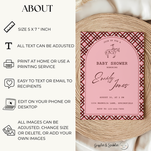 Baby Shower Invitation - Equestrian Preppy Pink Plaid BS128