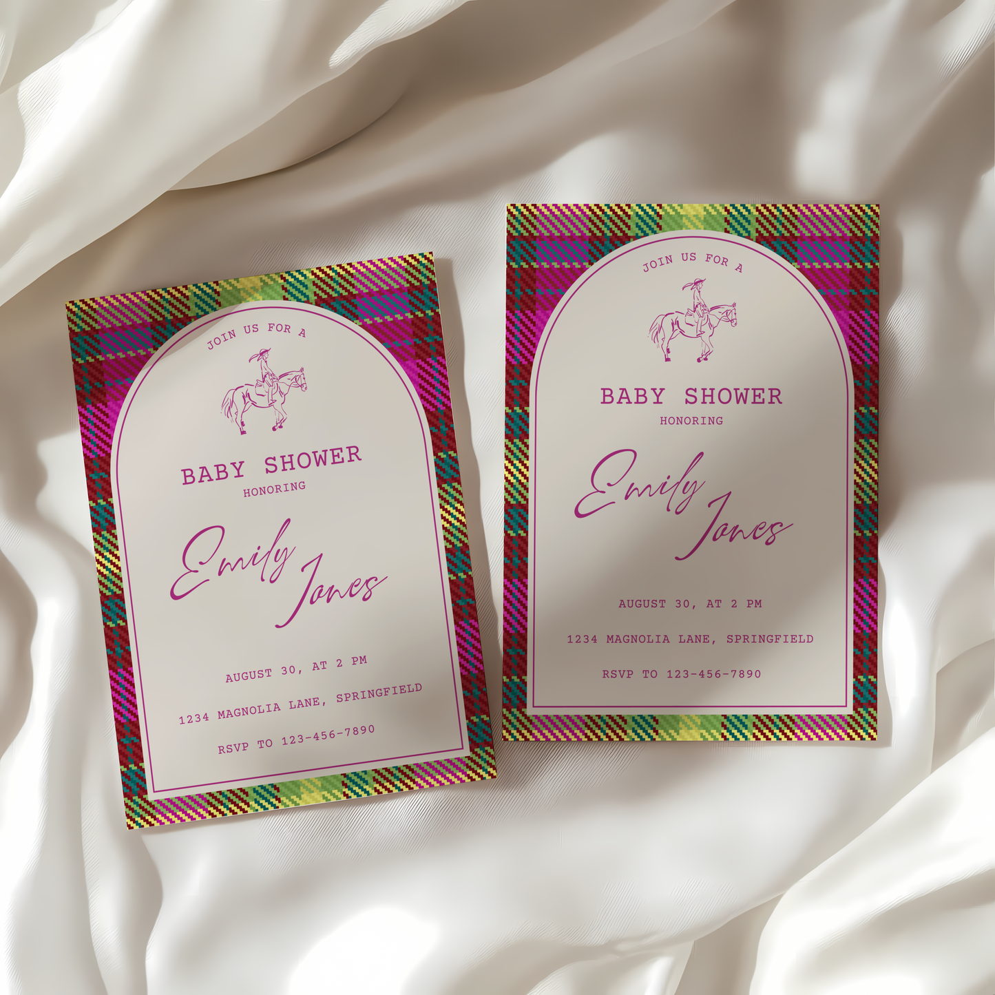 Baby Shower Invitation - Bright Colorful Plaid Equestrian Polo Club Theme BS128