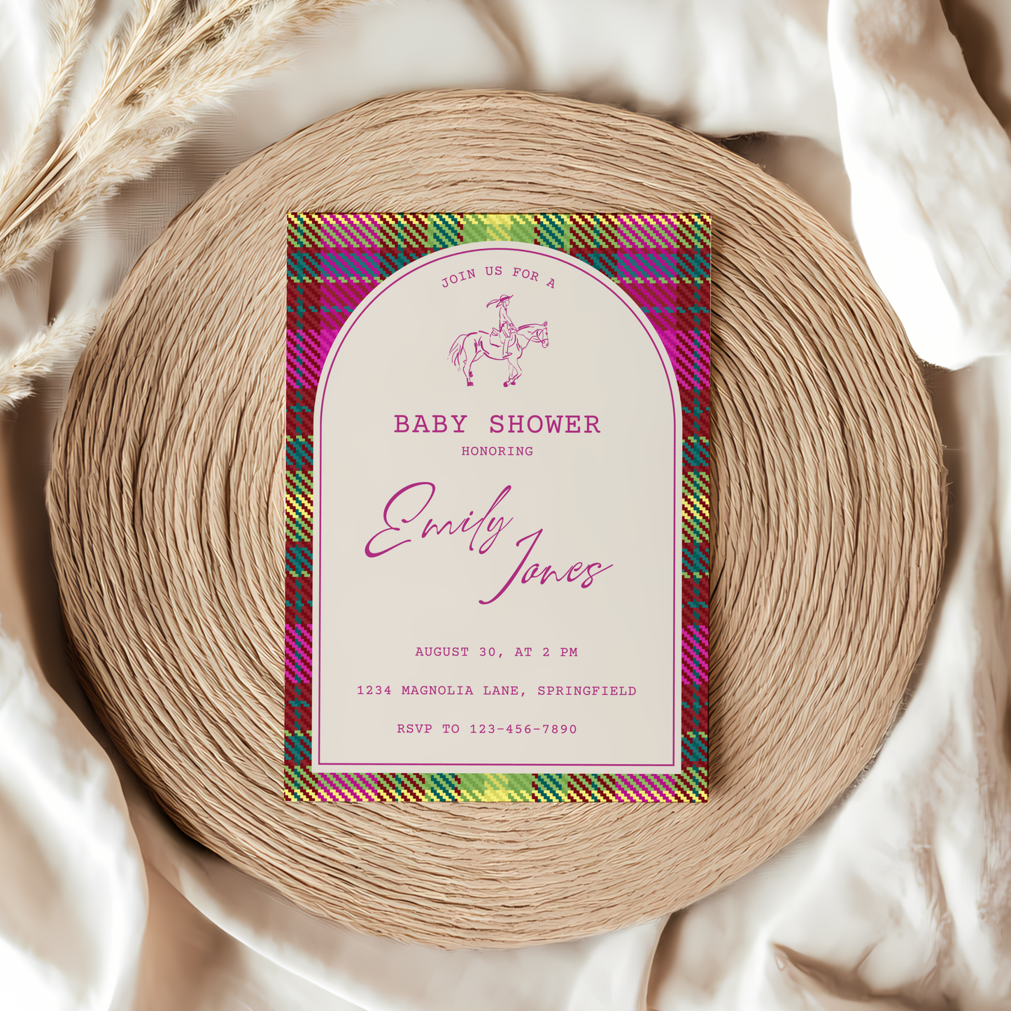 Baby Shower Invitation - Bright Colorful Plaid Equestrian Polo Club Theme BS128