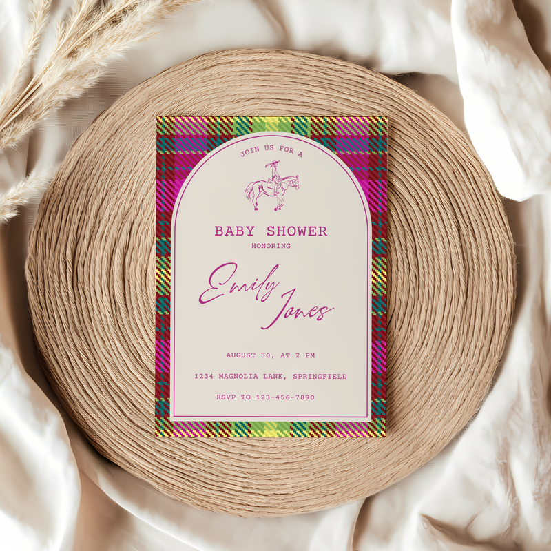Baby Shower Invitation - Bright Colorful Plaid Equestrian Polo Club Theme BS128