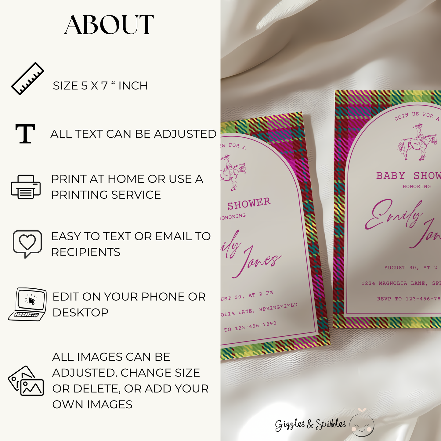 Baby Shower Invitation - Bright Colorful Plaid Equestrian Polo Club Theme BS128