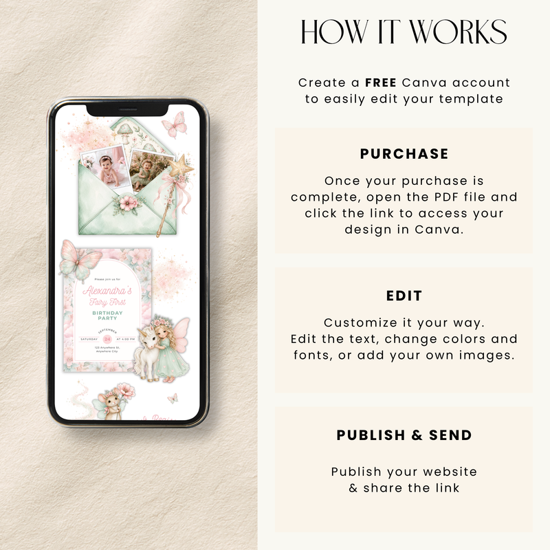 Fairy First Birthday Website Invitation Template with RSVP L99