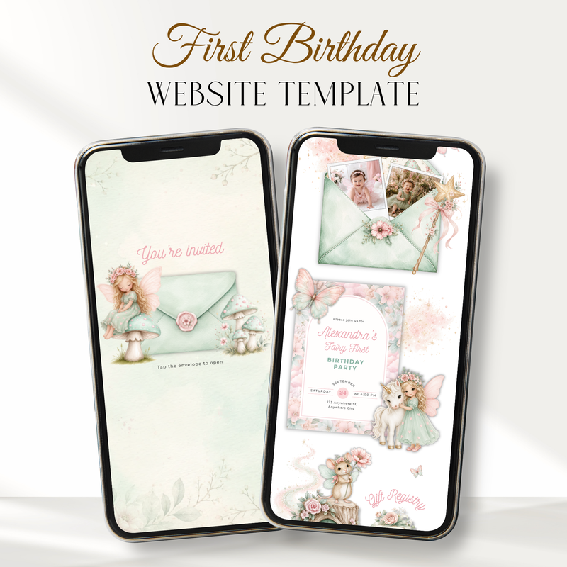 Fairy First Birthday Website Invitation Template with RSVP L99