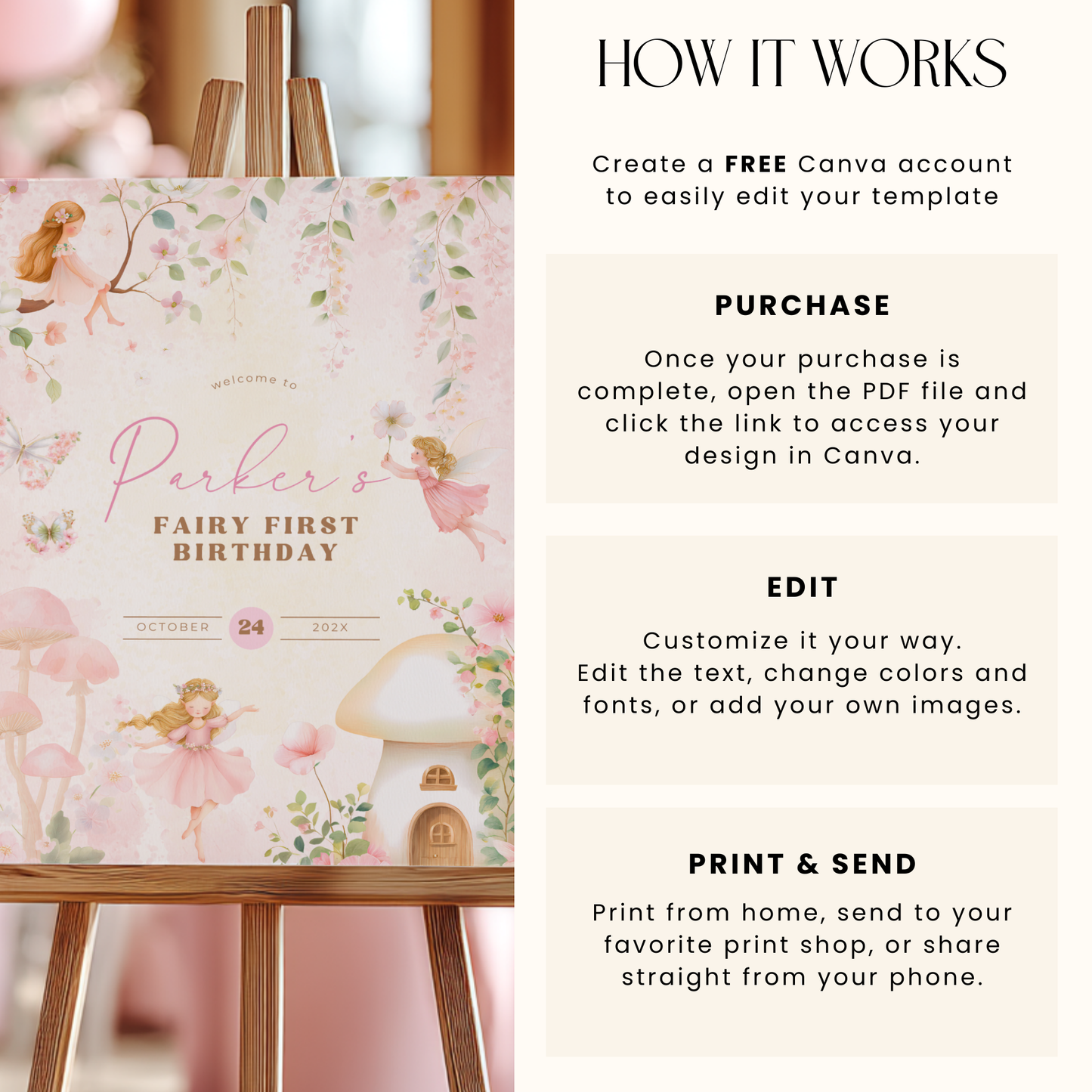 Fairy First Birthday Party Welcome Sign L77