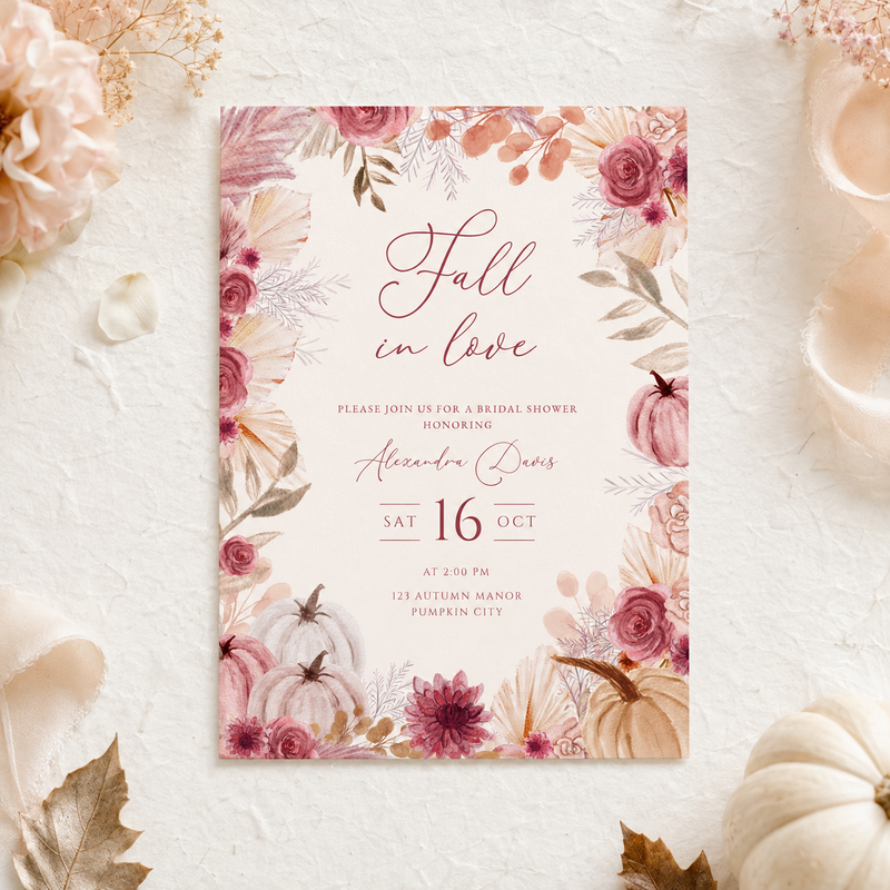 Fall in Love Bridal Shower Invitation | Elegant Autumn Pumpkin Invite L165