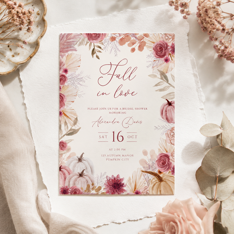 Fall in Love Bridal Shower Invitation | Elegant Autumn Pumpkin Invite L165