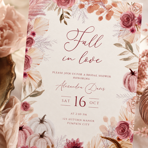Fall in Love Bridal Shower Invitation | Elegant Autumn Pumpkin Invite L165