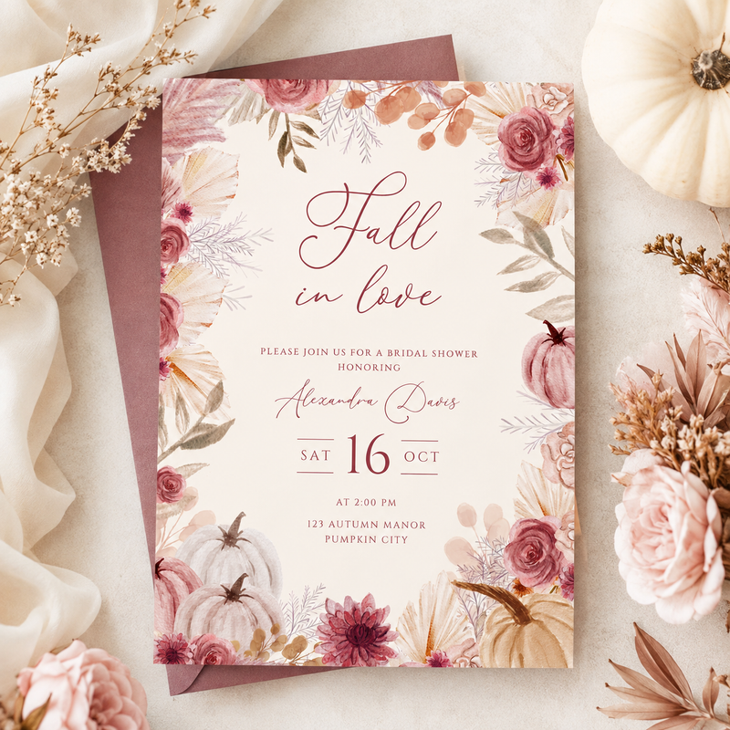Fall in Love Bridal Shower Invitation | Elegant Autumn Pumpkin Invite L165