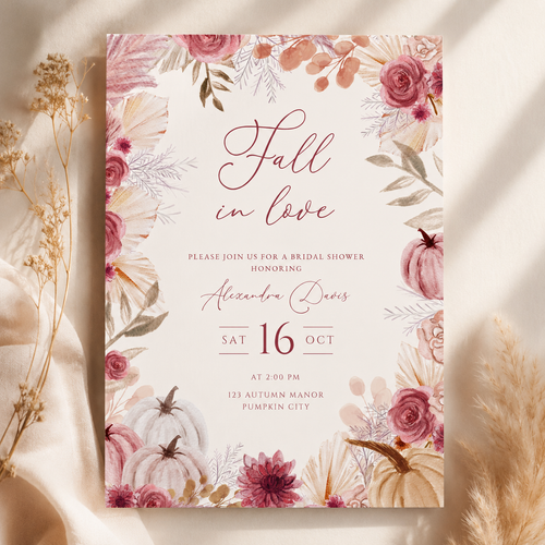 Fall in Love Bridal Shower Invitation | Elegant Autumn Pumpkin Invite L165
