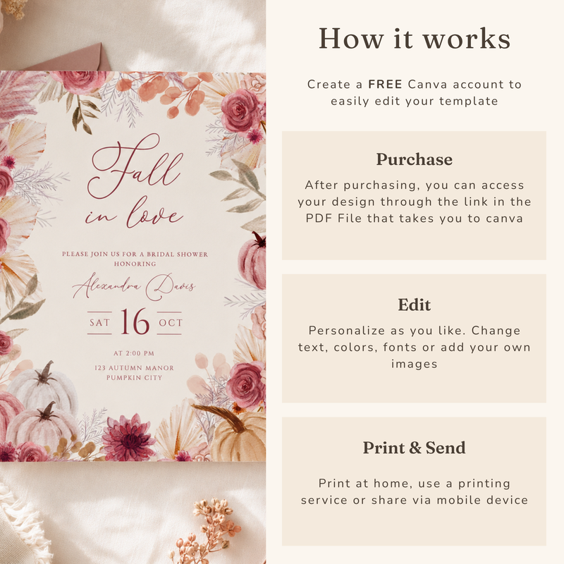 Fall in Love Bridal Shower Invitation | Elegant Autumn Pumpkin Invite L165