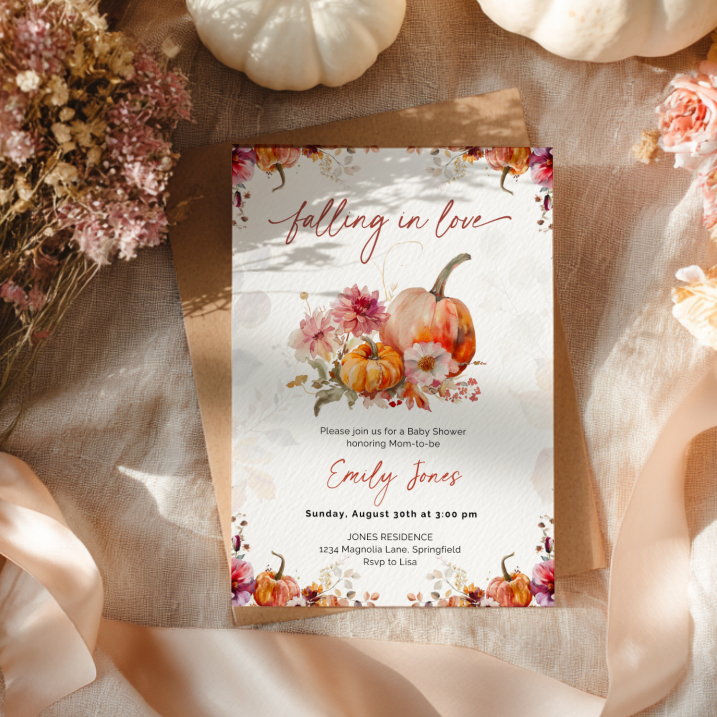 Baby Shower Invitation - Romantic Falling in Love Fall Florals BS178