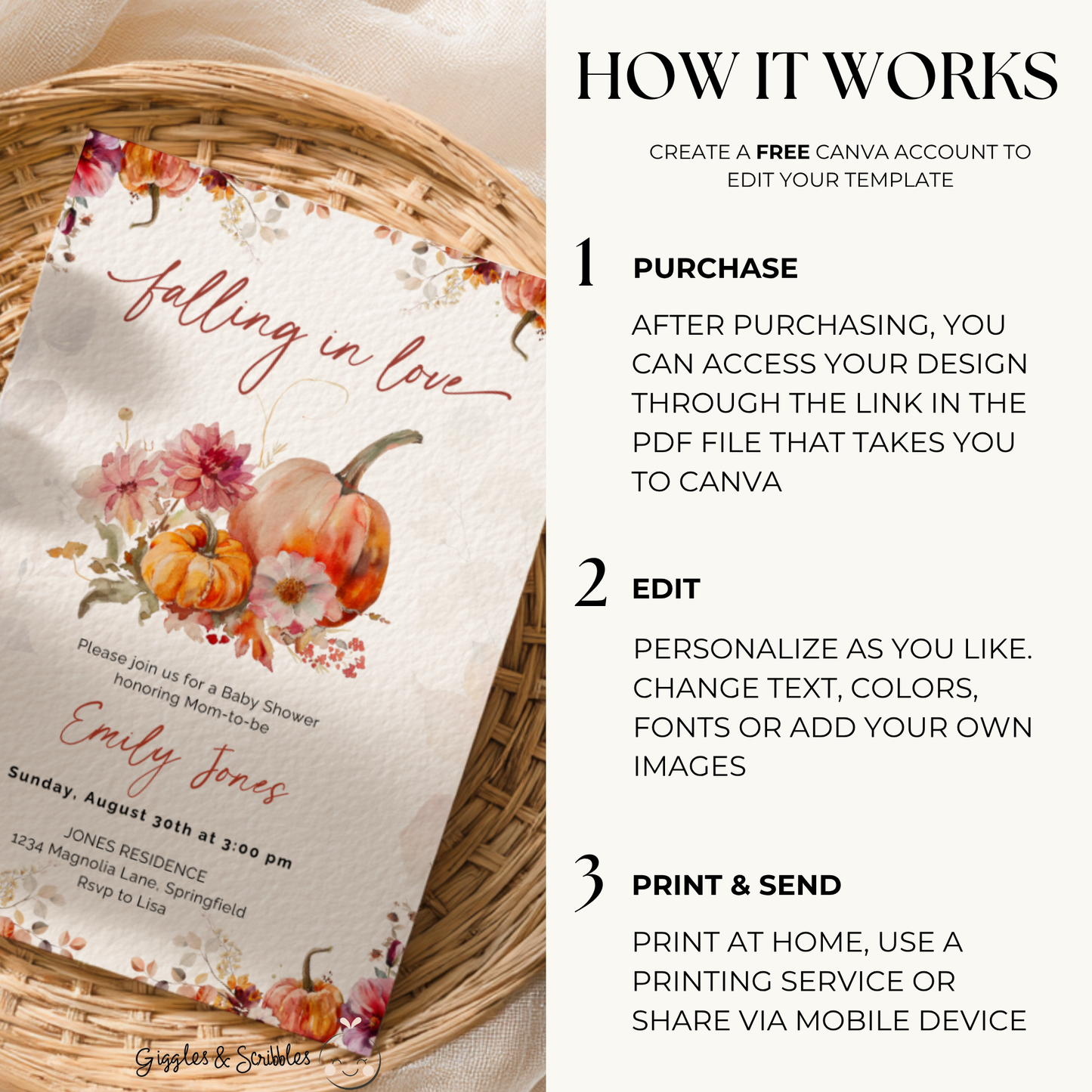 Baby Shower Invitation - Romantic Falling in Love Fall Florals BS178