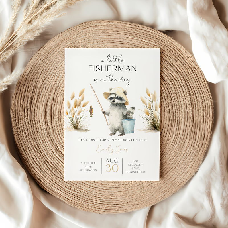 Baby Shower Invitation - A Little Fisherman Is On The Way Raccoon BS159