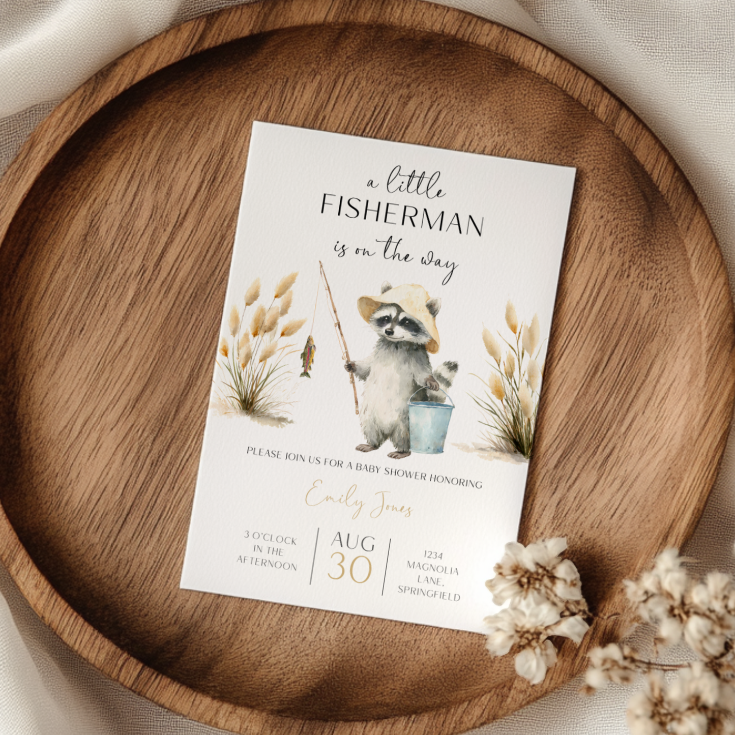 Baby Shower Invitation - A Little Fisherman Is On The Way Raccoon BS159