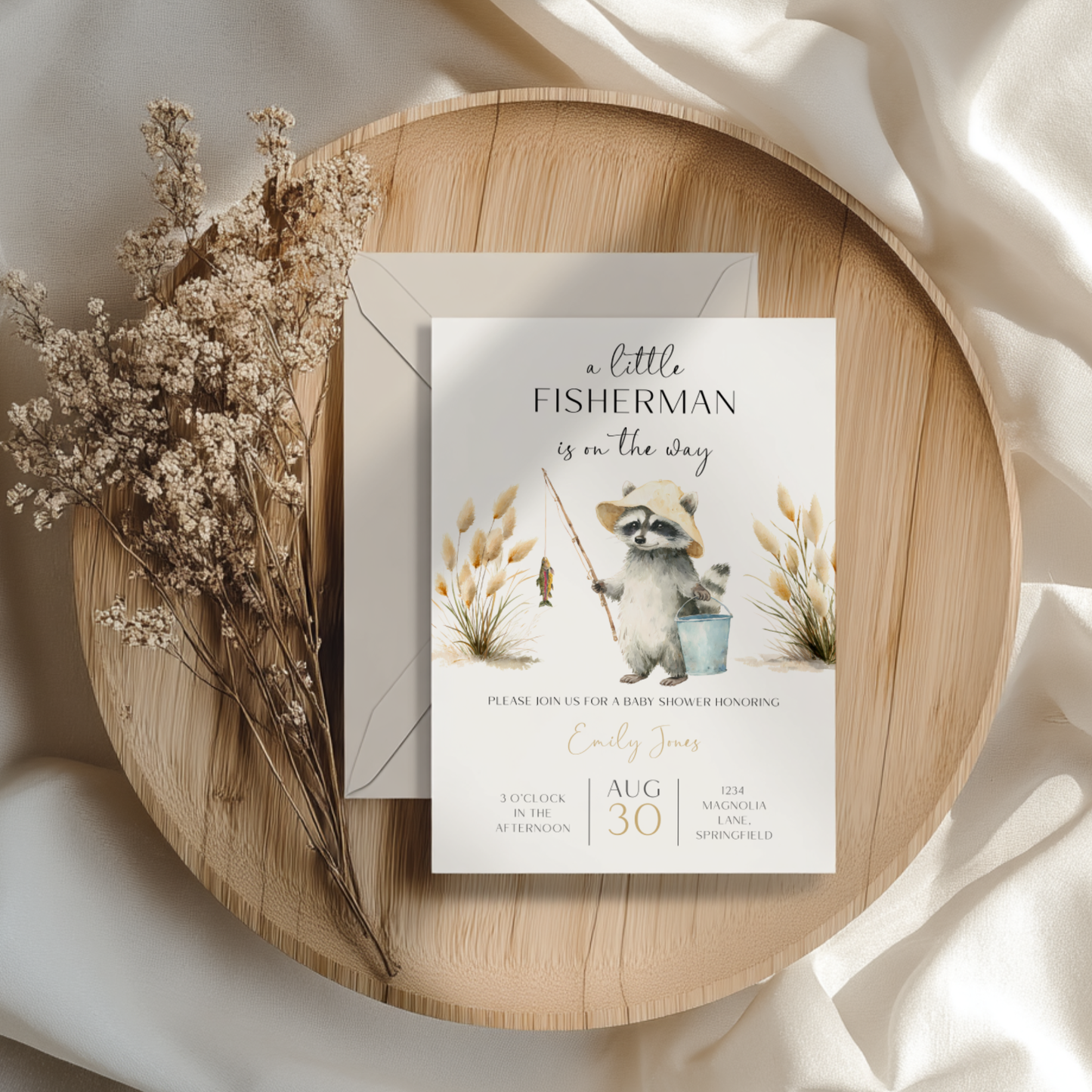 Baby Shower Invitation - A Little Fisherman Is On The Way Raccoon BS159