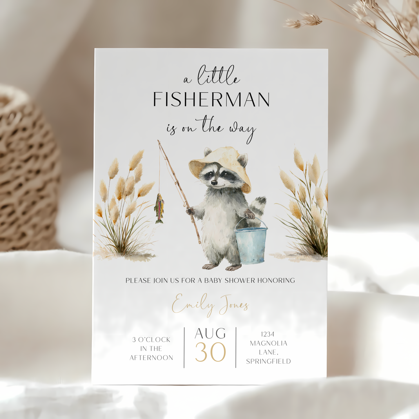Baby Shower Invitation - A Little Fisherman Is On The Way Raccoon BS159