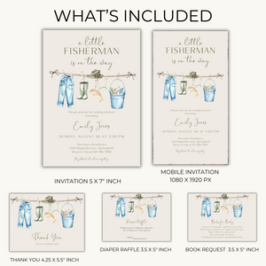 Baby Shower Invitation Bundle - Little Fisherman Is On The Way Beige Outdoors Hunting BS160