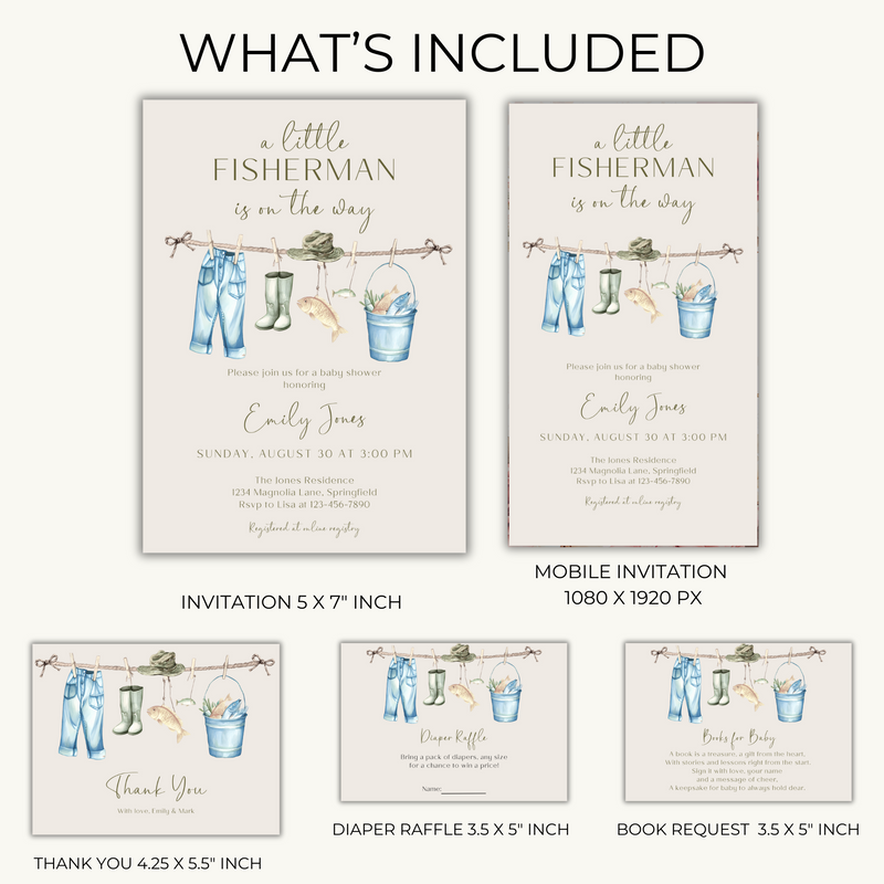 Baby Shower Invitation Bundle - Little Fisherman Is On The Way Beige Outdoors Hunting BS160