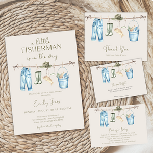 Baby Shower Invitation Bundle - Little Fisherman Is On The Way Beige Outdoors Hunting BS160