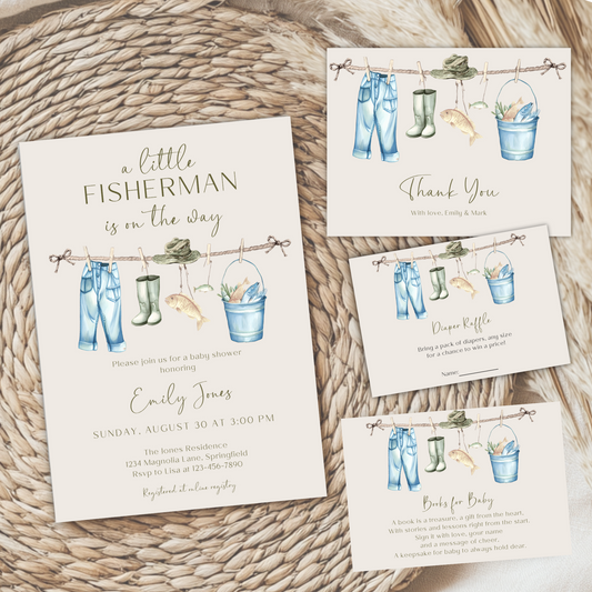 Baby Shower Invitation Bundle - Little Fisherman Is On The Way Beige Outdoors Hunting BS160