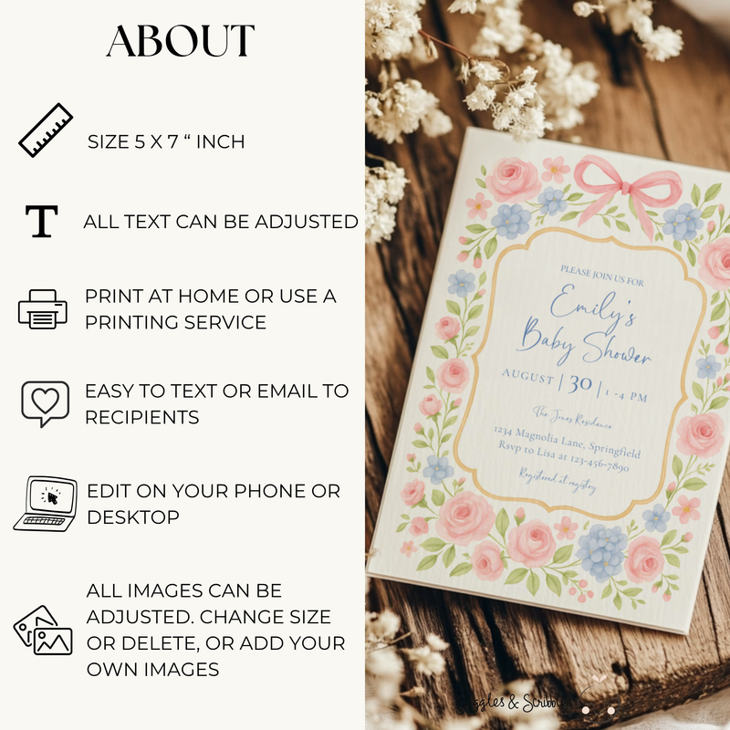 Baby Shower Invitation - Pastel Floral Grandmillennial Vintage Garden Party BS170