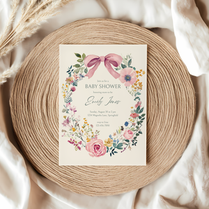 Baby Shower Invitation - Vintage Florals with Pink Bow BS71