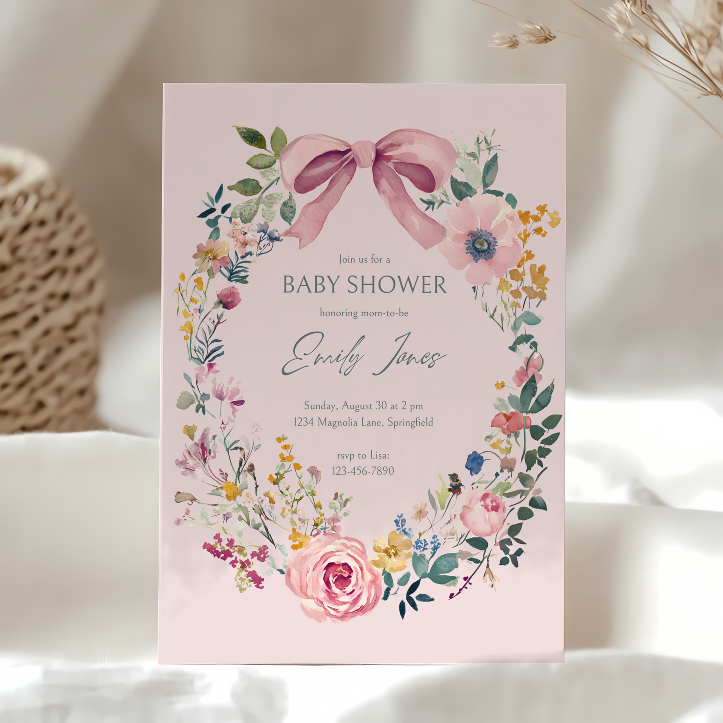 Baby Shower Invitation - Vintage Florals with Pink Bow BS71