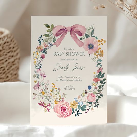 Baby Shower Invitation - Vintage Florals with Pink Bow BS71