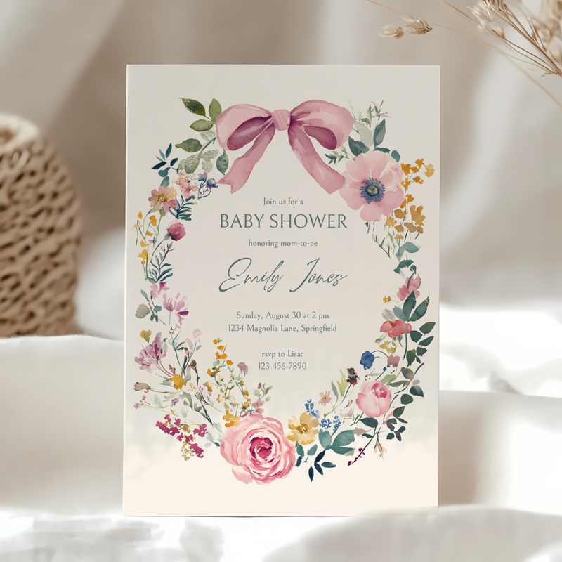 Baby Shower Invitation - Vintage Florals with Pink Bow BS71