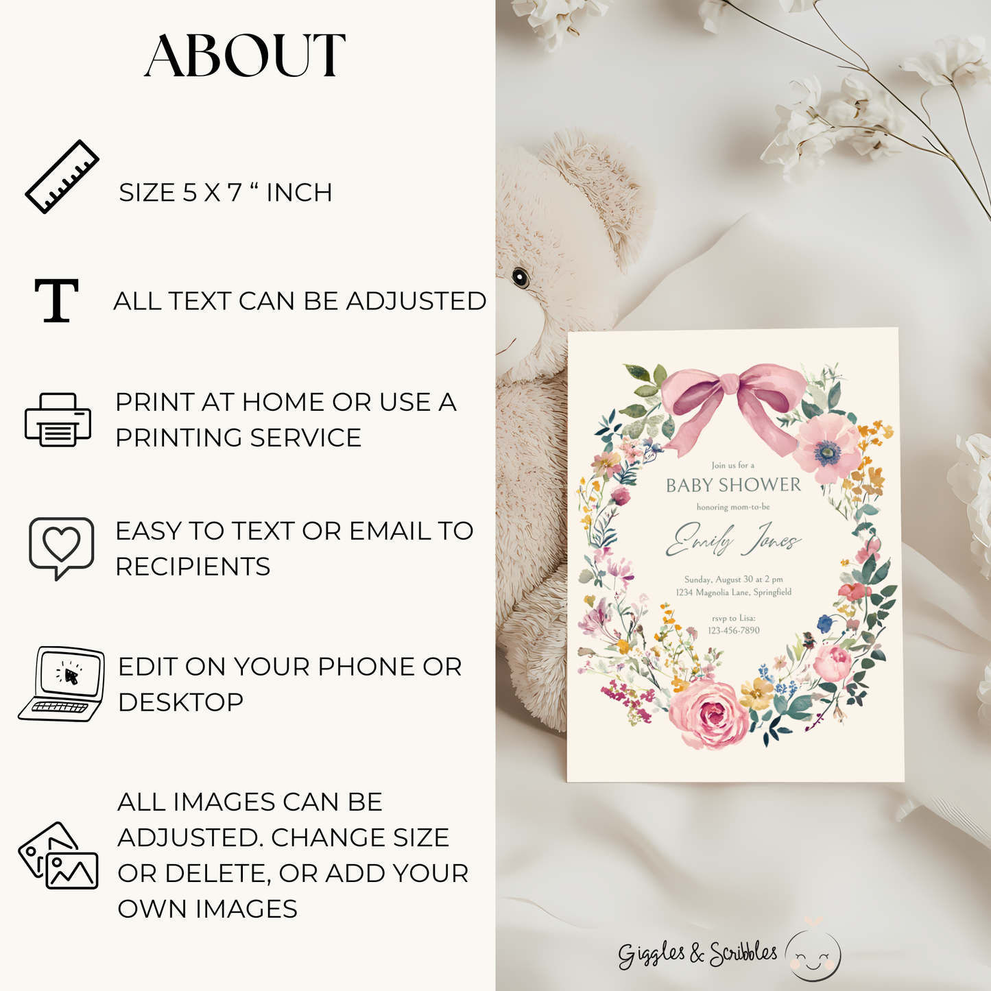 Baby Shower Invitation - Vintage Florals with Pink Bow BS71