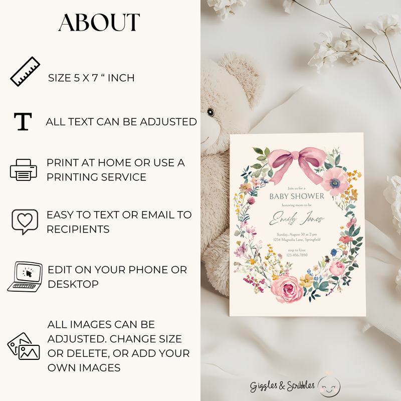 Baby Shower Invitation - Vintage Florals with Pink Bow BS71