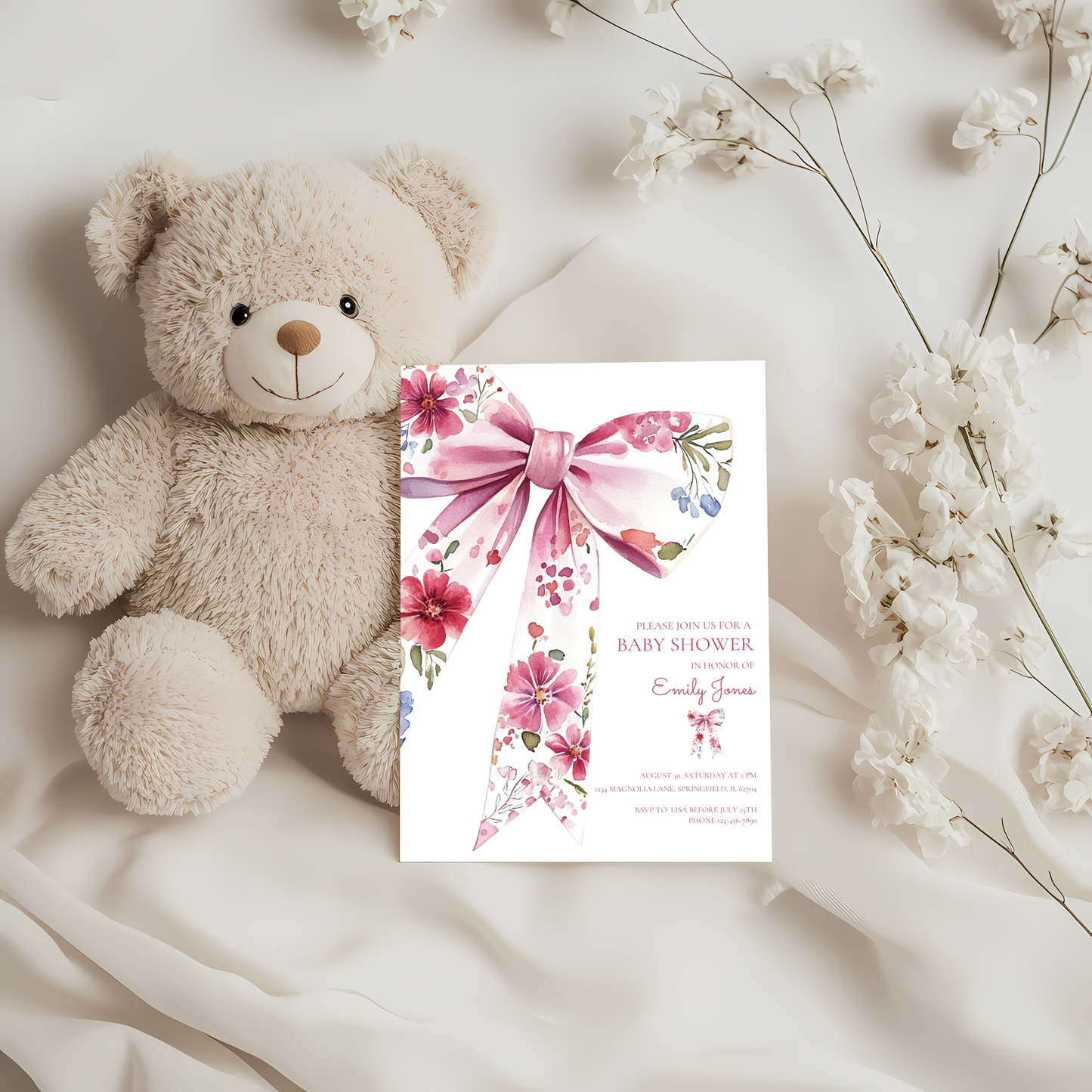 Baby Shower Invitation - Floral Bow Wildflower Watercolor Coquette BS78