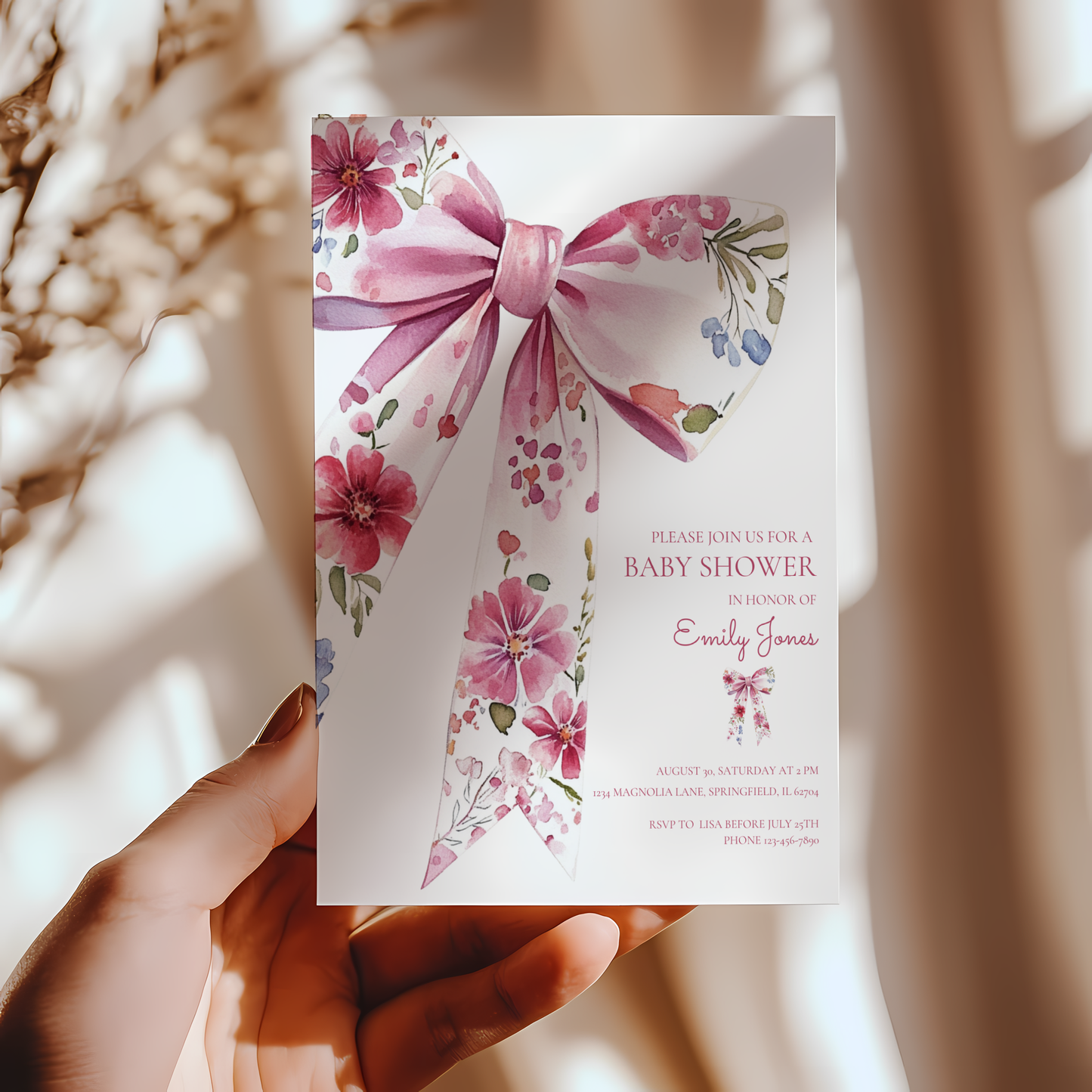 Baby Shower Invitation - Floral Bow Wildflower Watercolor Coquette BS78