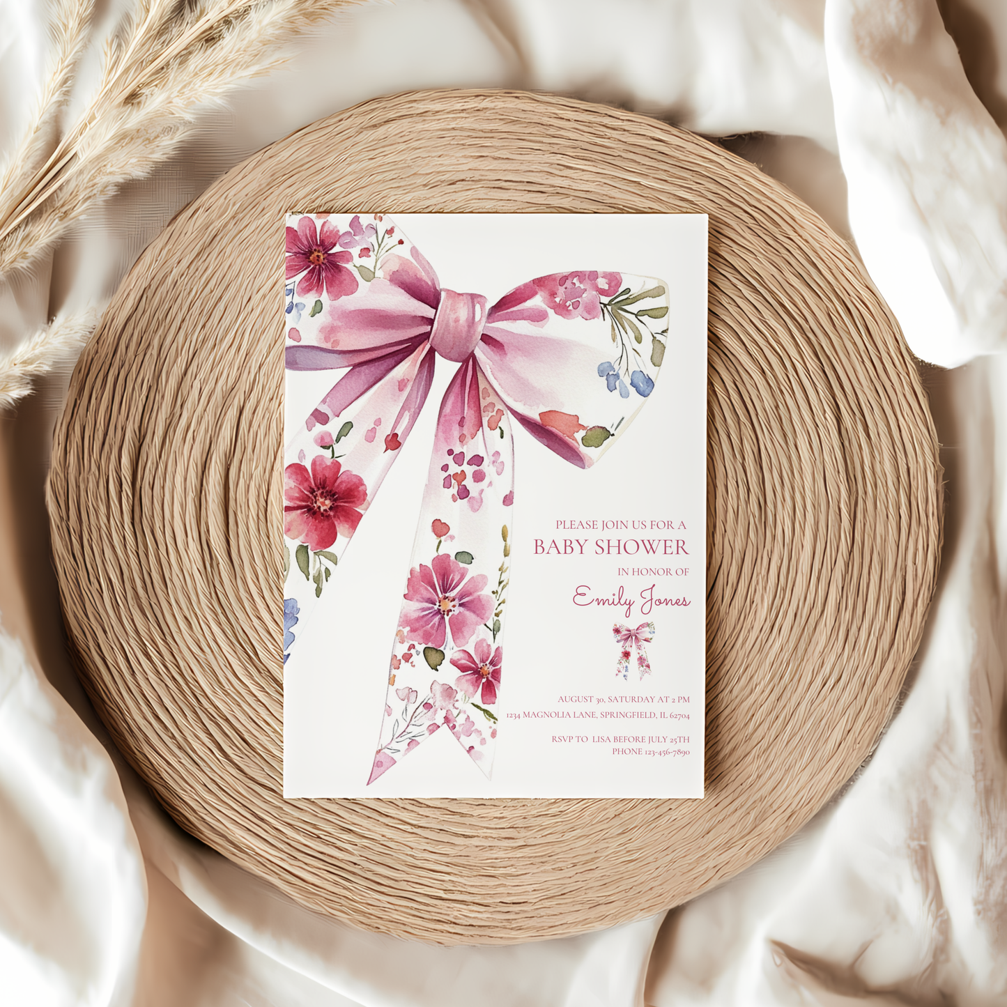 Baby Shower Invitation - Floral Bow Wildflower Watercolor Coquette BS78