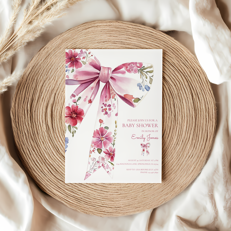 Baby Shower Invitation - Floral Bow Wildflower Watercolor Coquette BS78