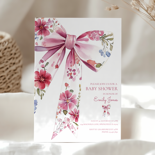 Baby Shower Invitation - Floral Bow Wildflower Watercolor Coquette BS78