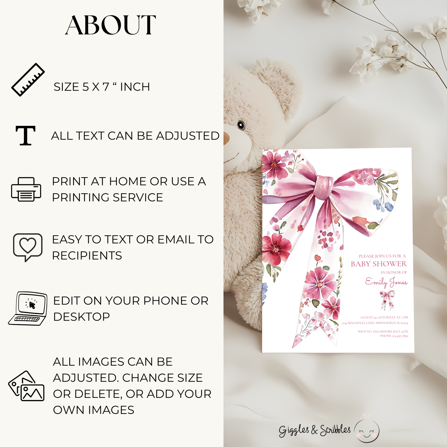 Baby Shower Invitation - Floral Bow Wildflower Watercolor Coquette BS78