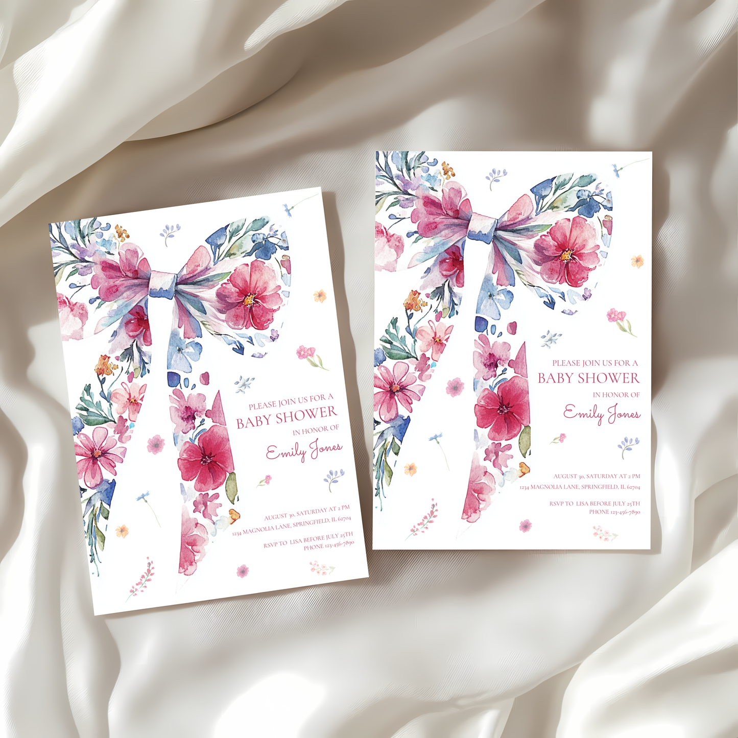 Baby Shower Invitation - Floral Bow with Wildflowers Watercolor BS79