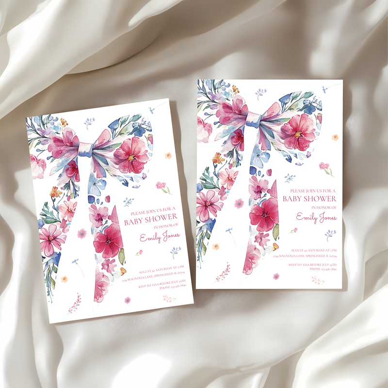 Baby Shower Invitation - Floral Bow with Wildflowers Watercolor BS79