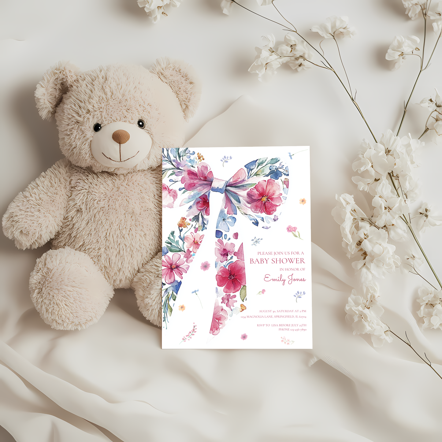 Baby Shower Invitation - Floral Bow with Wildflowers Watercolor BS79